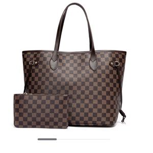 Women Handbag Checkered Shoulder Tote - Vegan Leather (Checkered Brown)